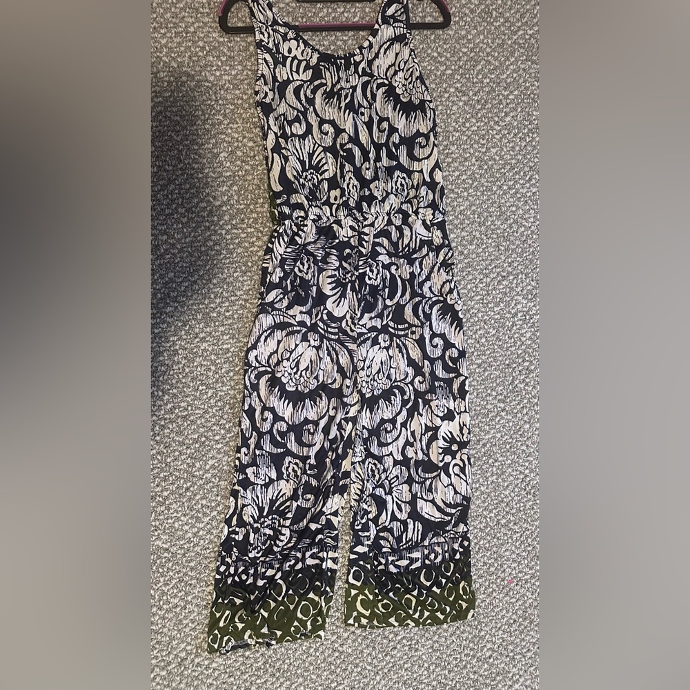 Black, white and green Floral Wide-Leg Jumpsuit